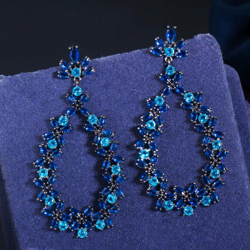 WWJ Black Golden Color Sparkly Sapphire CZ Zircon Cluster Flower Drop Earrings