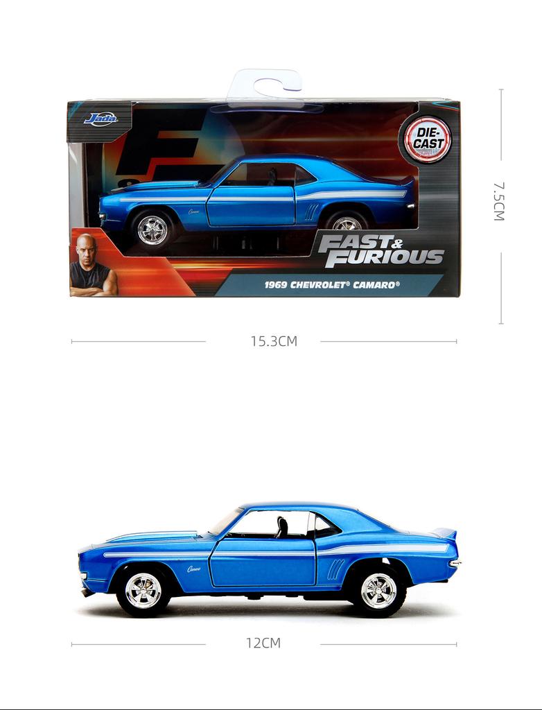 JADA Toys Diecast Car 1:32 FF 1969 Chevrolet Camaro-Free Rolling Candy 3005C Blue Window Box With J Hook Fast & Furious JD34443