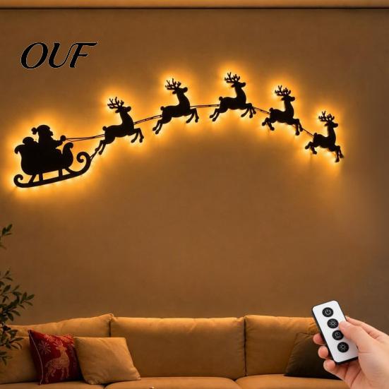 Reusable Christmas Wall Ornament Lighted Santa Sleigh Reindeer Decor with Remote, 3D Light Up Wood Peel Ambient for Bedroom And Stick Entryway