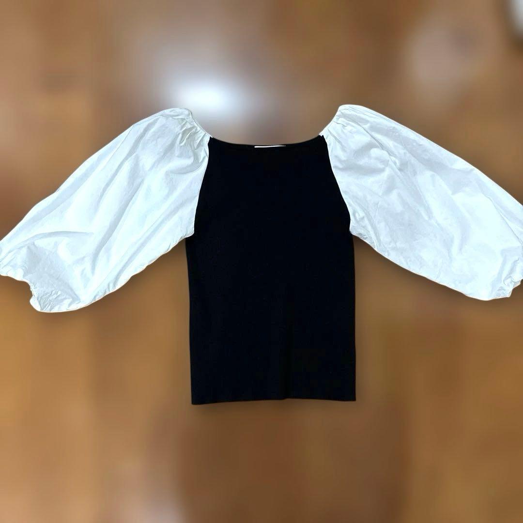 LILY BROWN Different Materials Docking Puff Sleeve Knit F Off Shoulder