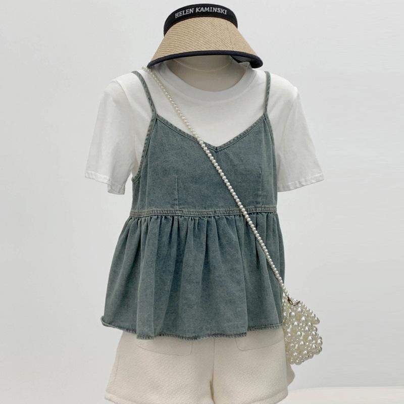 Elegance Casual Stylish Vest Versatile Denim V-neck Camisole Undershirt Female Dark Color Design Sense Hem Ruffled Ruffles Loose Short Tops Summer