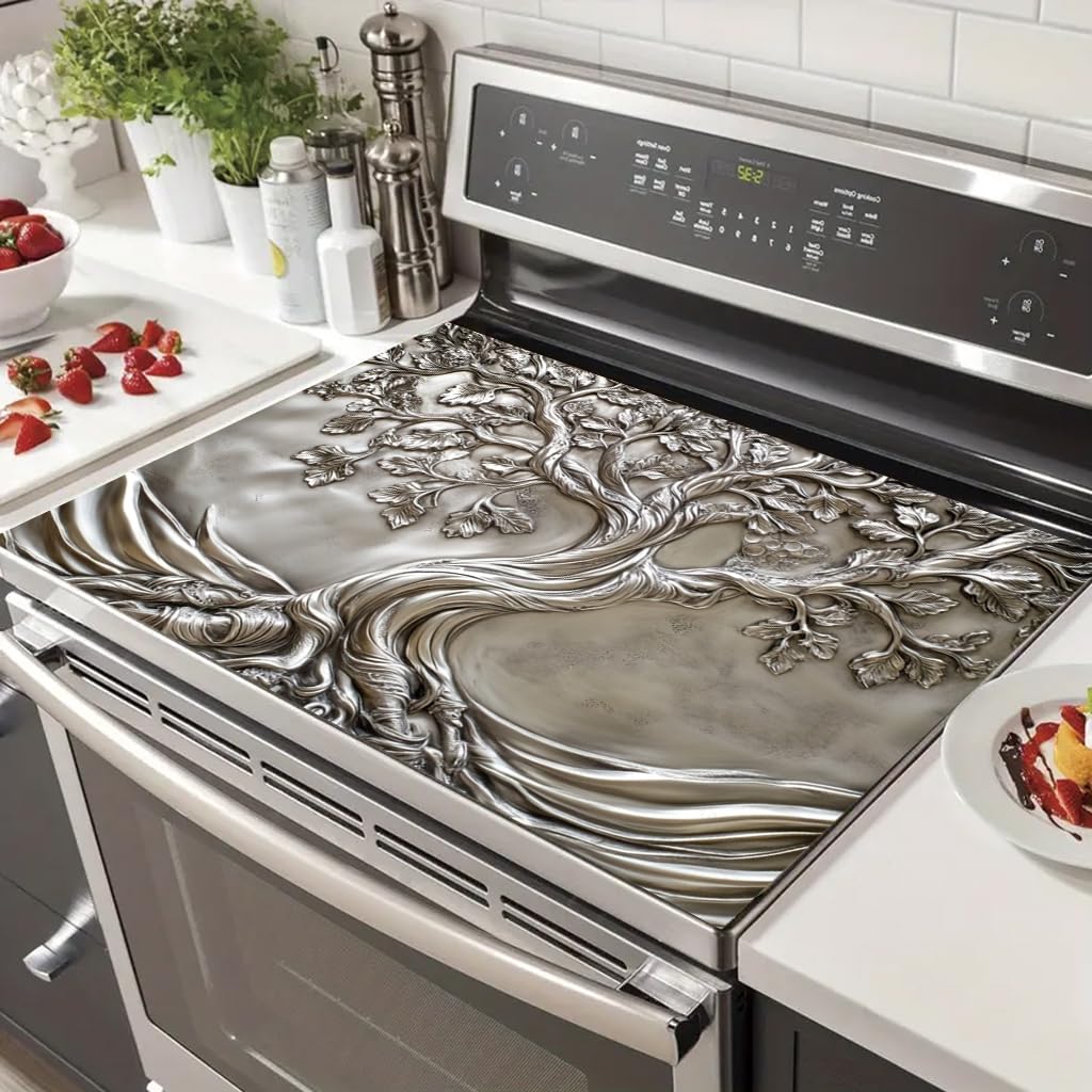 Celtic Life Tree Owl Stove Cover, Sun Moon Floral Print Non-slip Heatproof Washable Mat for Home Gas & Electric Stove Decoration
