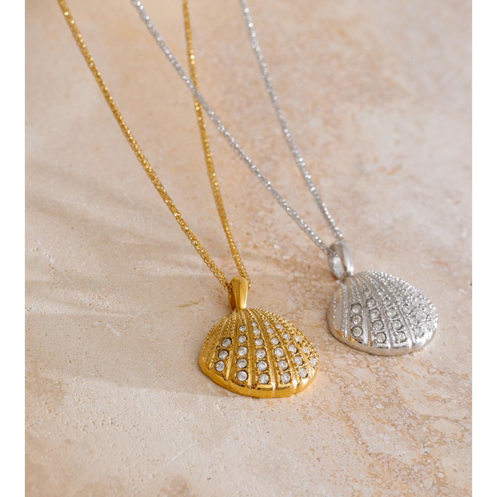 Yhpup Ocean Style Inlaid Cubic Zirconia Shell Exquisite Pendant Necklace Stainless Steel Trendy Collar Jewelry Tarnish Resistant