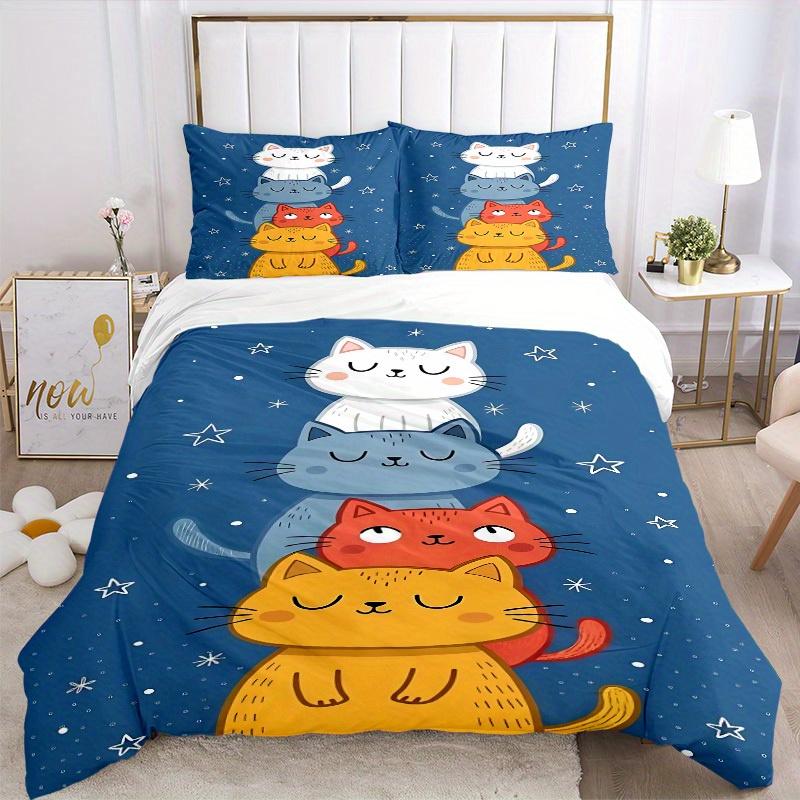 3pcs Cat, Night Bedding Set, Breathable And Soft, Suitable for All Seasons Machine Washable, Suitable for Bedroom Decoration,yy250822124