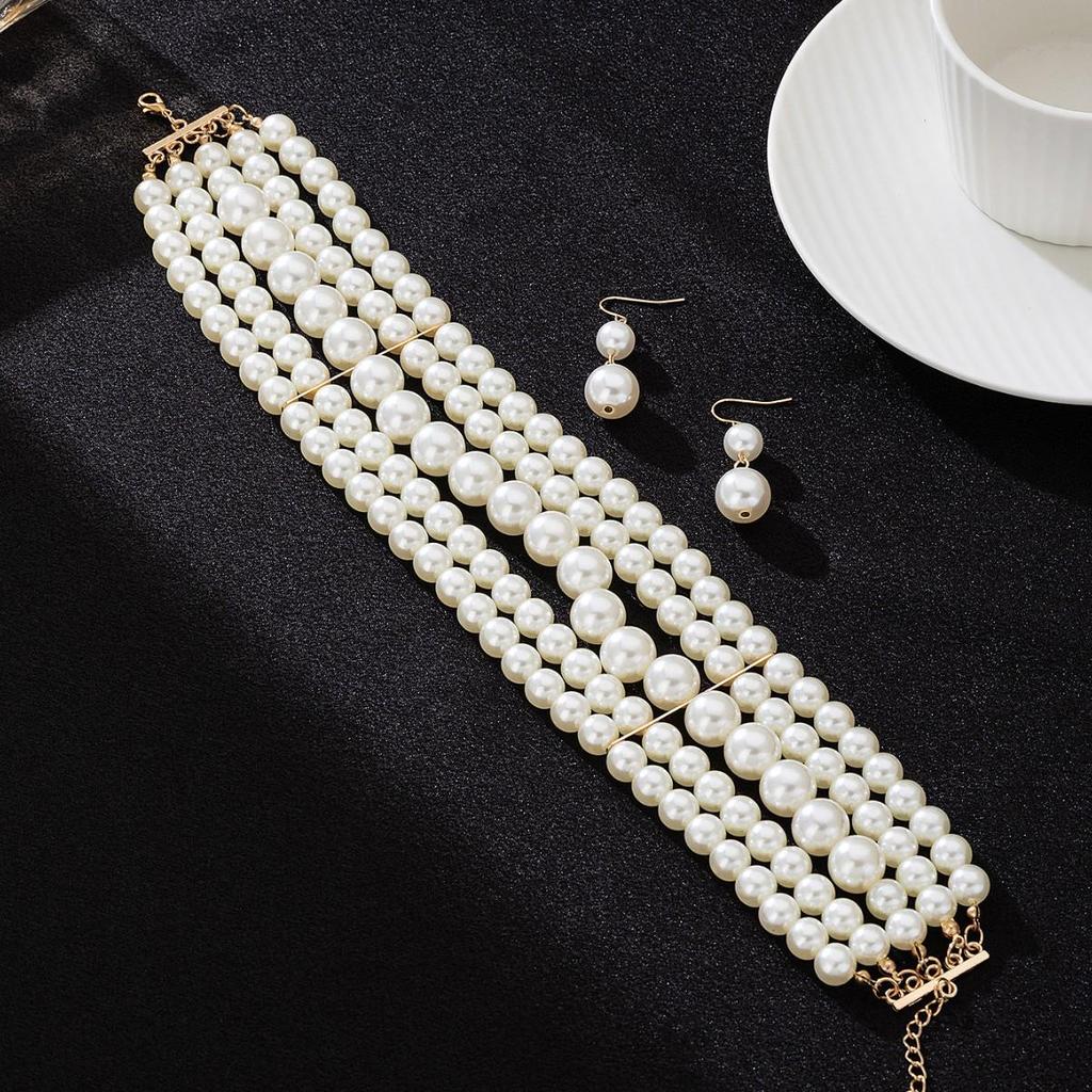 Vintage Multi-Layer Imitation Pearl Choker Necklace and Earring Set for Women