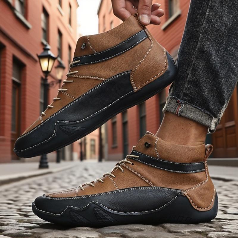 Men's High Top Casual Shoes Handmade Leather Spring/summer New Item Color Blocked Soft Sole Walking Shoes Breathable Bare Boots