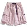Black Cargo Shorts Pocket Design Adjustable Purple Belt Lightweight Fabric Casual Loose Elastic Waist