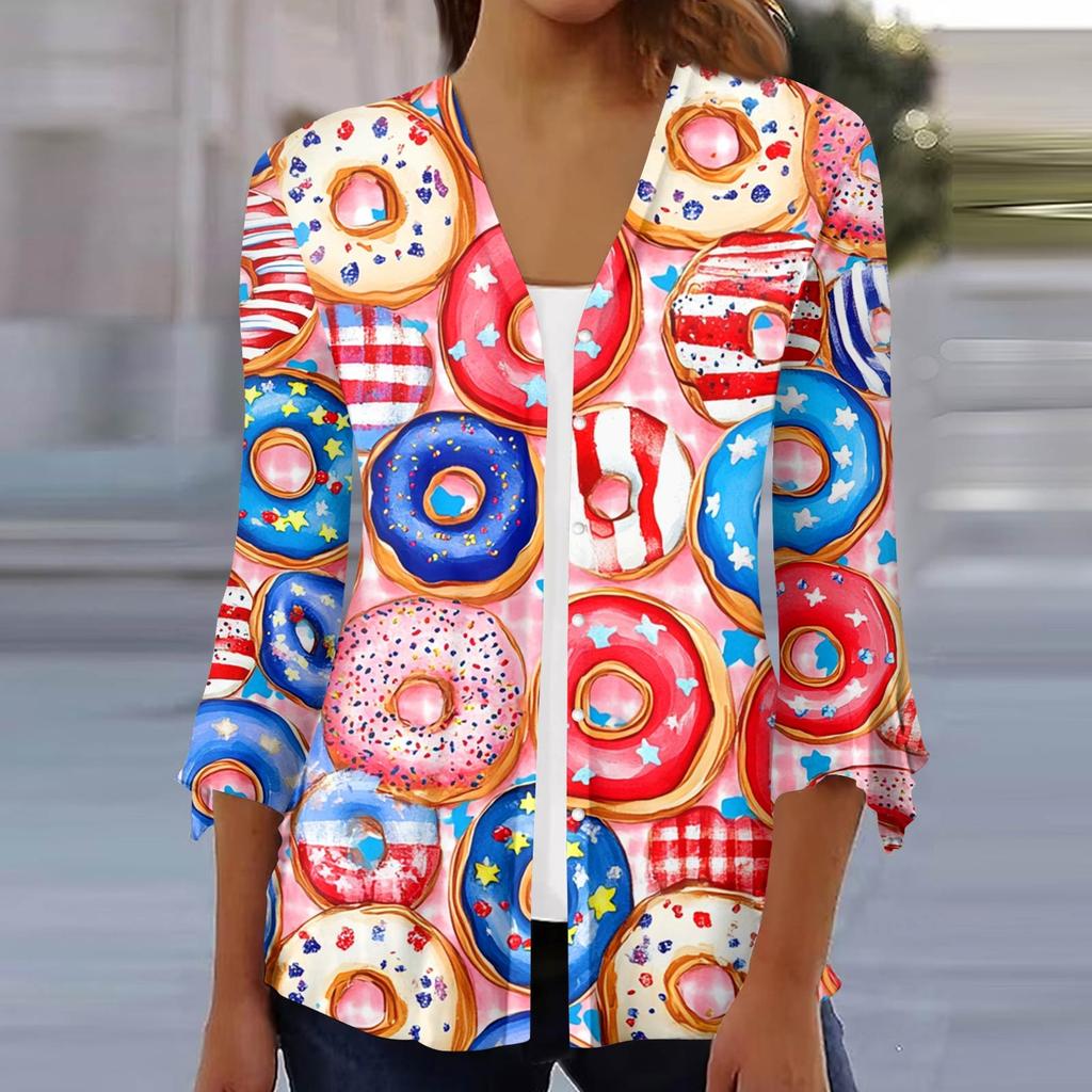 Women's Loose Casual Independence Day Printed Seven Sleeve Button Down Shirt Cardigan Top