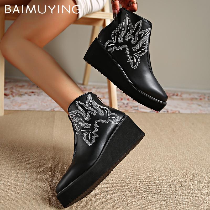 Women Wedges Ankle Boots Embroidery Designer Retro Mid Heels Shoes  Trend Winter New Classic Goth Leather Botas De Mujer