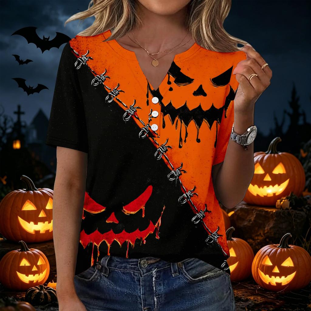 Women's Casual V Neck Button Front Halloween Print T Shirt Top with Three Quarter Sleeves Lightweight Comfortable Fit