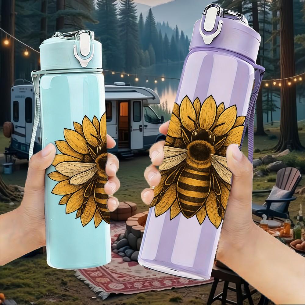 1PC Sunflower Bee Insect Pattern 750ml Color Plastic Sports Water Bottle Leakproof Flip Straw Lid Suitable for Sports Office Home Use
