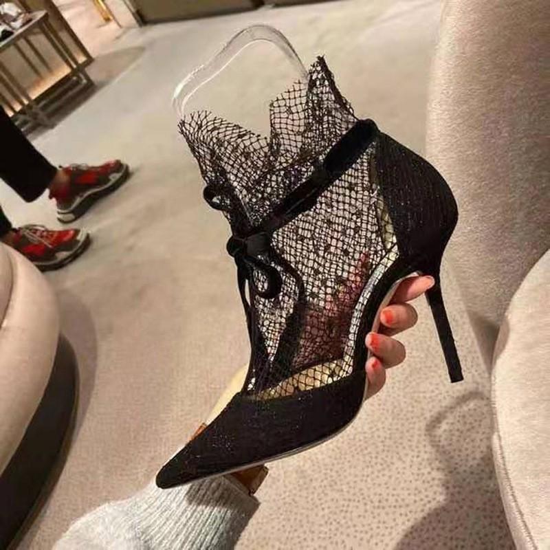 Fashion Sexy Pointed Toe Mesh Lace High Heels Women Summer Lace Up Breathable Dance Shoes Banquet Wedding Shoes Elegant Bow Women Pumps
