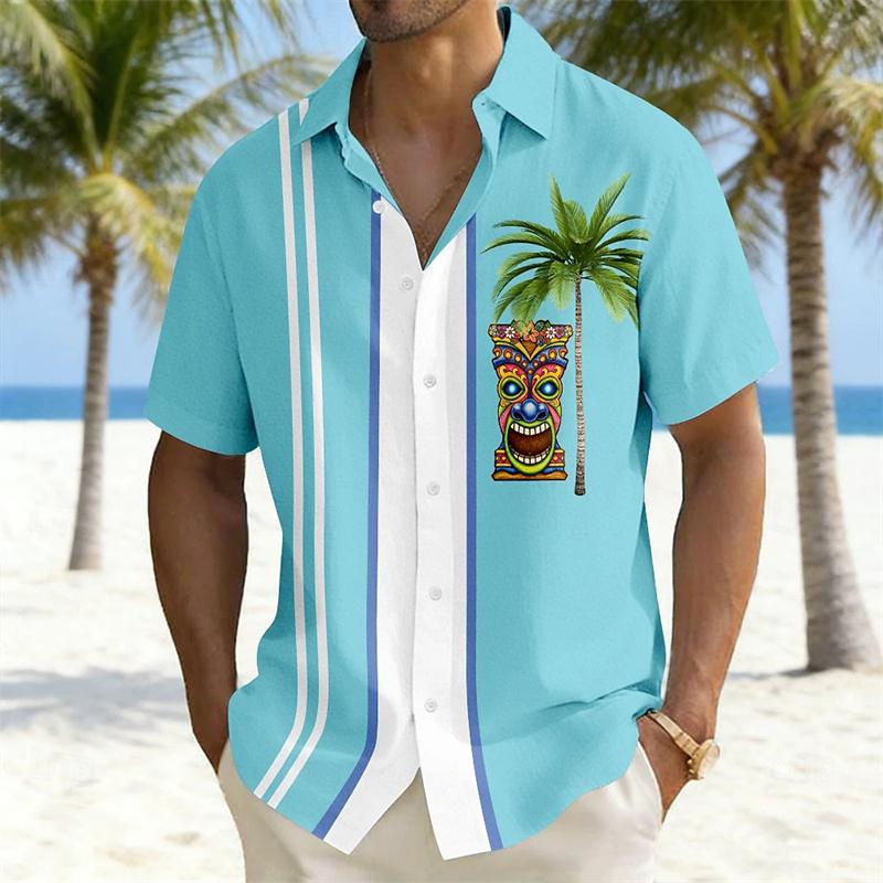 Men s Color-blocked Striped Short-sleeved Shirt, Hawaiian-style Totem Coconut Tree Print Casual Vacation Top, Hawaiian Shirt S