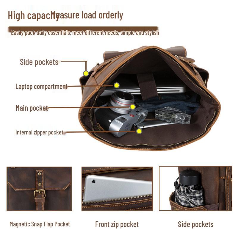 Men's Large Capacity Genuine Crazy Horse Leather Backpack for 15.6" Laptops – Trendy European & American Casual Travel Bag