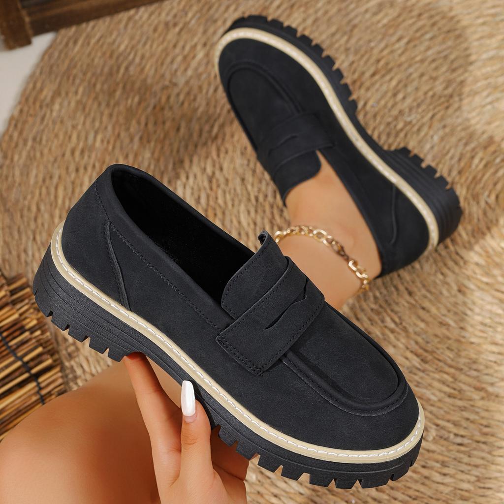 Women's Wide Width Suede Loafers, Chunky Heel Platform Oxford Shoes, Vintage Retro British Style Casual Slip-Ons