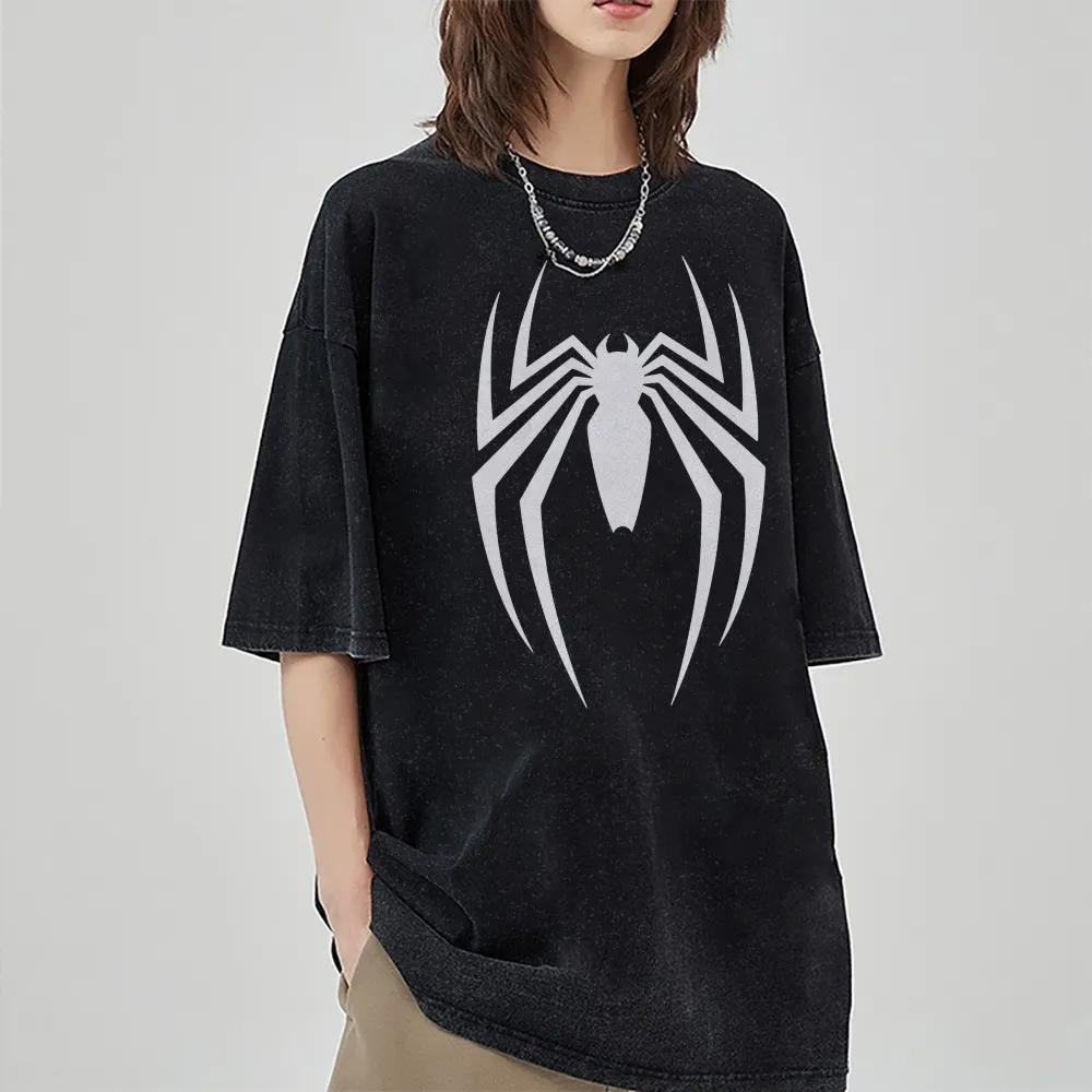 Camiseta Masculina Casual de Verão Manga Curta Retro Lavada Homem-Aranha Marvel Esportiva Popular Top