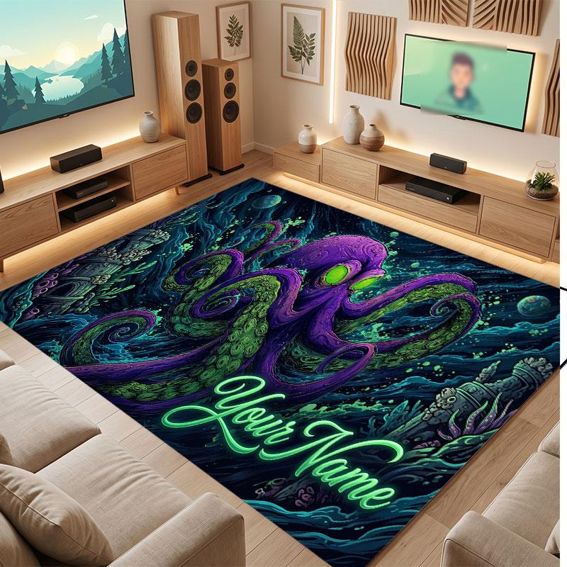 Octopus Sea Life Theme Crystal Velvet Floor Rug Personalized Custom Name Text Warm Carpet Home Decoration