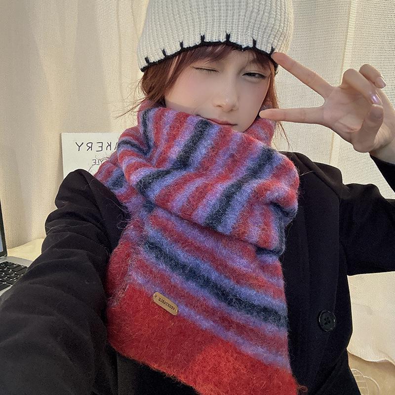 Luochi 2024 Women's Striped Wool Scarf - High-End Winter Fashion for Students