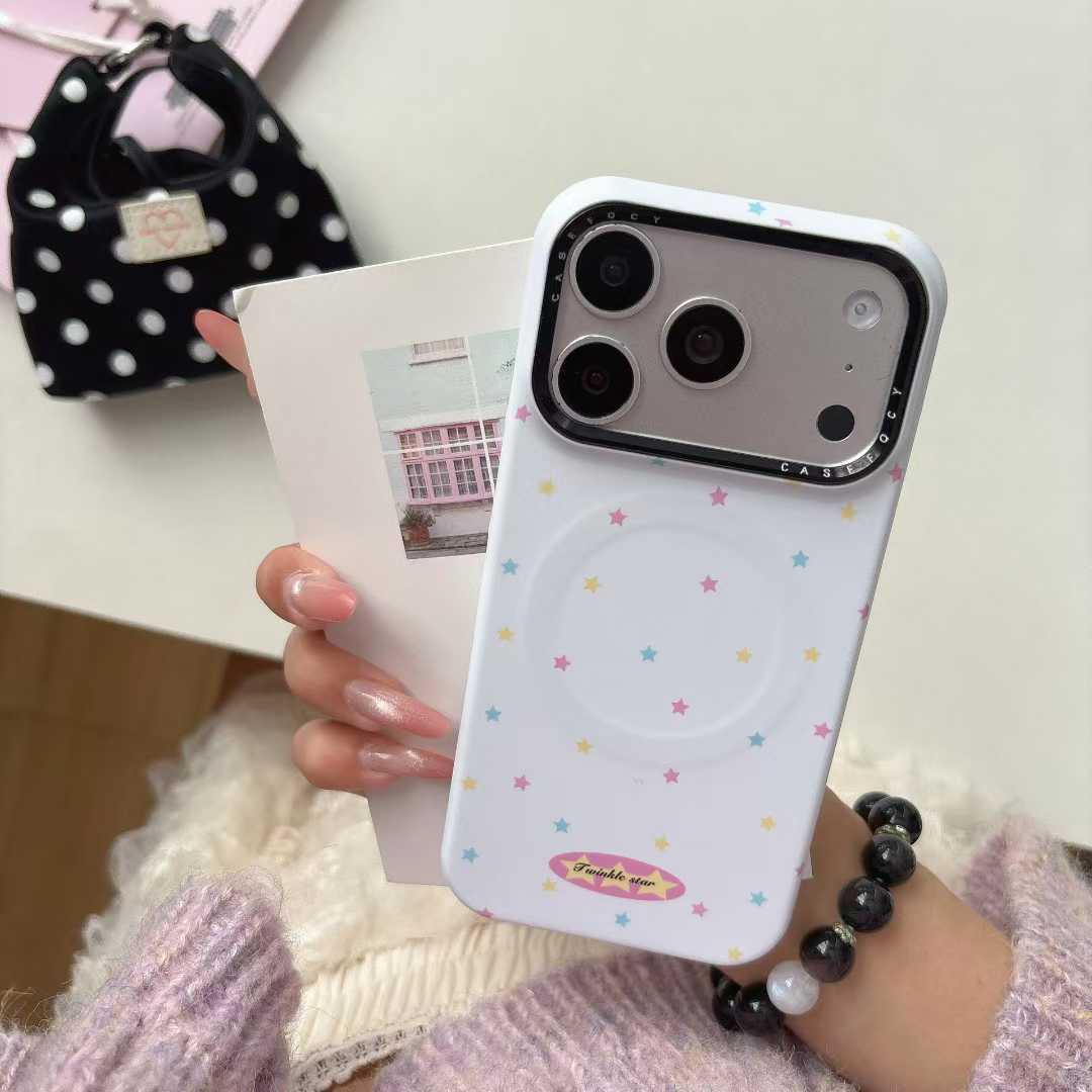 

Korean Style Magnetic Stand Phone Case for Apple iPhone 17 Pro Max, 16, 15, 14 - Girly Dopamine Star Design. 14 Pro
