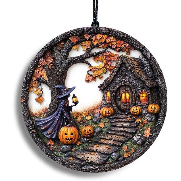 Halloween Stained Glass Window Ornament, Witch Scene with Pumpk, Acrylic Hanging Suncatcher, Round Wall Art Decor, Witchy Ornament for Home Friends