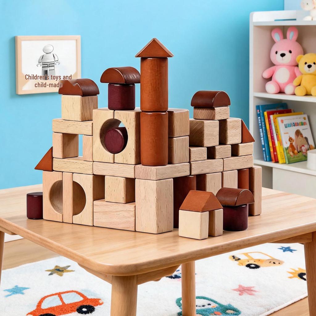 Large Raw Wood Building Blocks for Early Education and Cognitive Development - Red Sandalwood & Beech - Ideal for Kindergarten