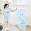 Girls Summer Fashion Plaid Shorts with Cute Cartoon Print Short Sleeve Set