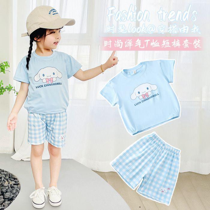 Girls Summer Fashion Plaid Shorts with Cute Cartoon Print Short Sleeve Set