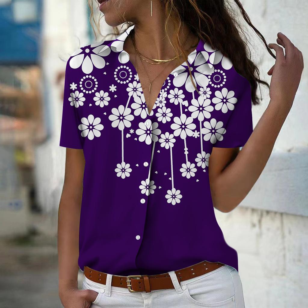 2025 Sommer Ny Mote Dame Blomsterprint Kortermet V-hals Casual Knappedown Skjorte Topp