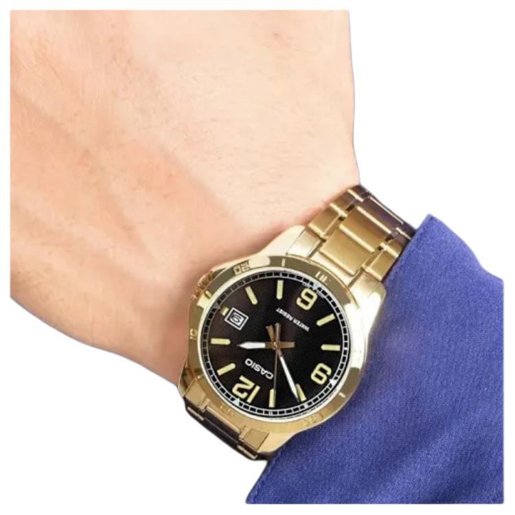 Casio Standard Series Simple Fashion Gold Quartz Movement Stainless Steel Strap Mens Watch Black Dial Men Watches MTP-V004G-1B2021