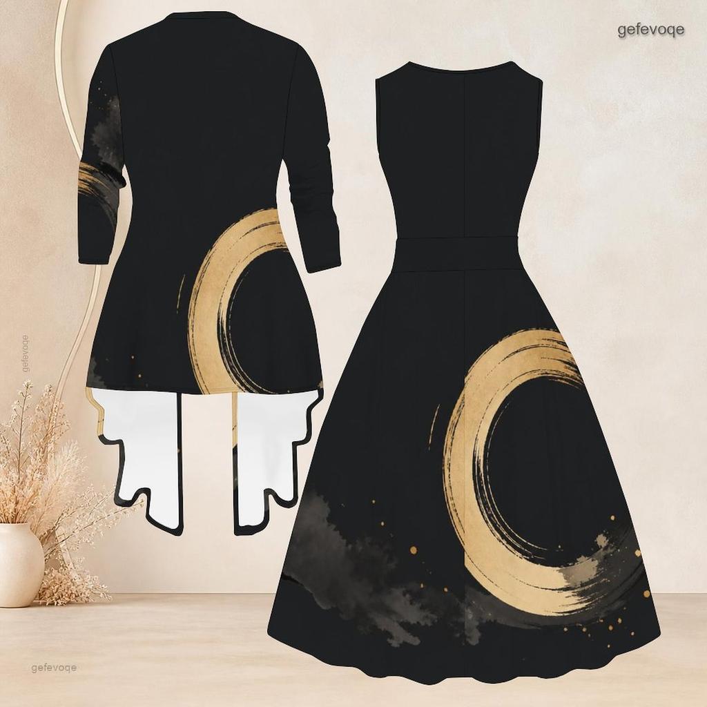 Women Plus Size Star Printed Two Piece Set Sleeveless Round Neck Tie Waist Flared Dress 3 4 Sleeve Open Cardigan