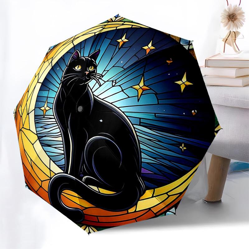 

1pc Stained Glass Black Cat Design Automatic Folding Umbrella - Portable 3-Fold Design with 8-Bone Iron Frame, Outdoor for Fans, Travelers, Daily Use,