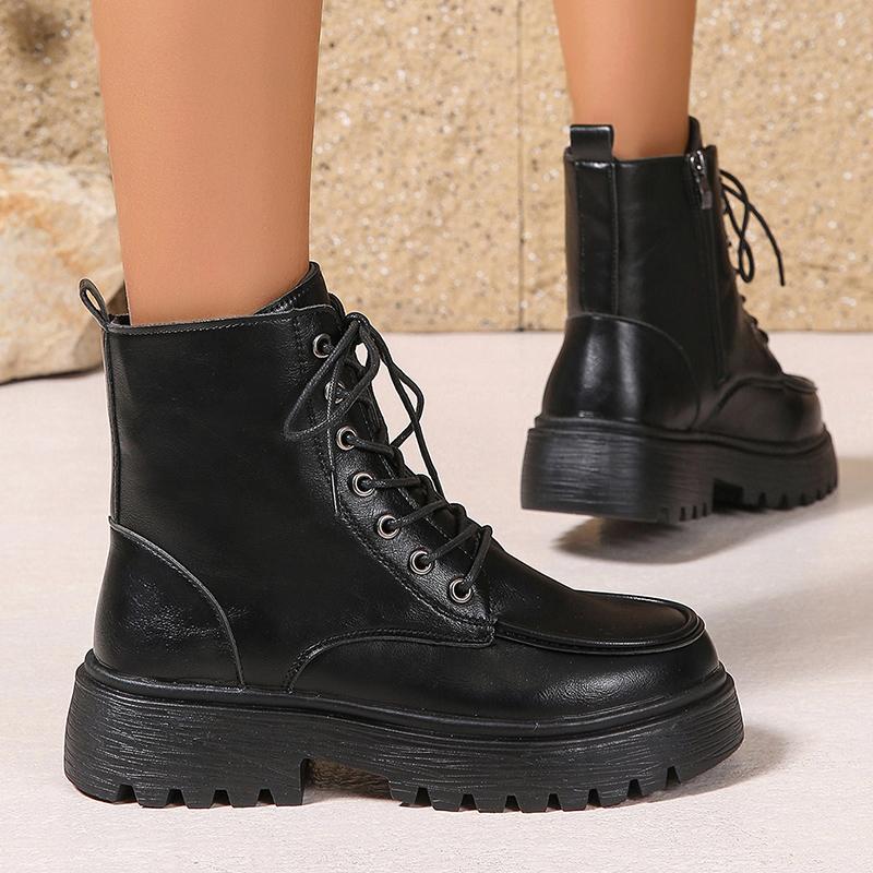 Fashion Autumn Winter Women's Platform Ankle Boots Pu Leather Lace Up Motorcycle Shoes Women Fashion Thick Sole Zipper Short Boots Woman