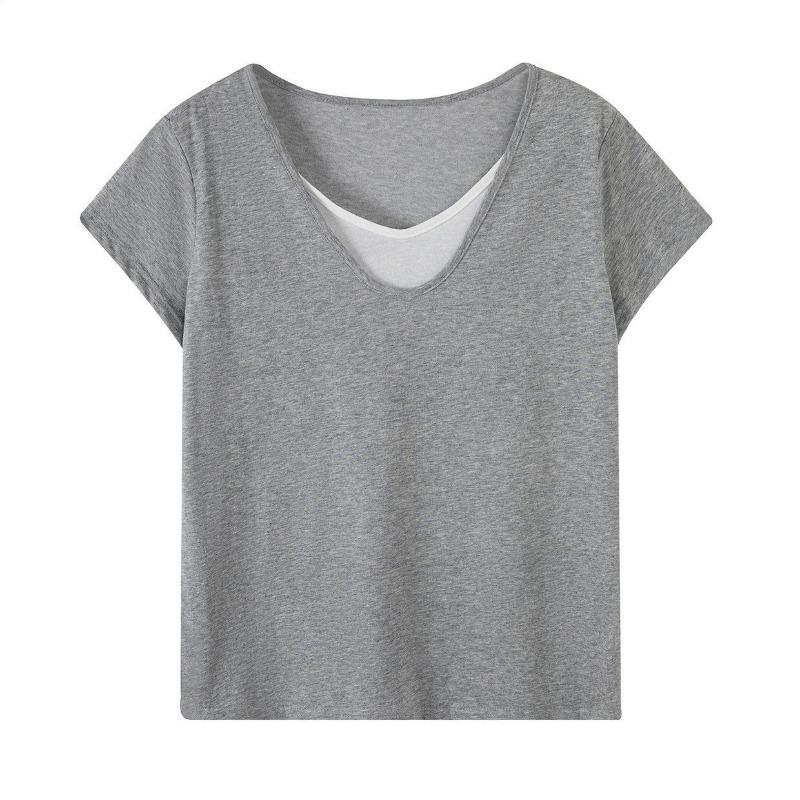 Women Loose Fit V Neck Color Block Thin Short Sleeve Casual Summer Basic T Shirt
