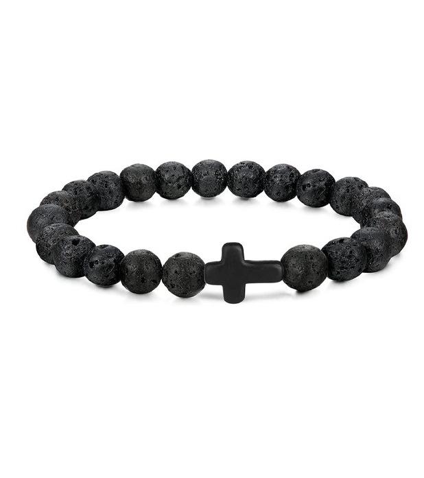 New Retro Cross Natural Stone Bracelet Tiger Eye Stone Lava Volcanic Stone Elastic Bead Men's Bracelet