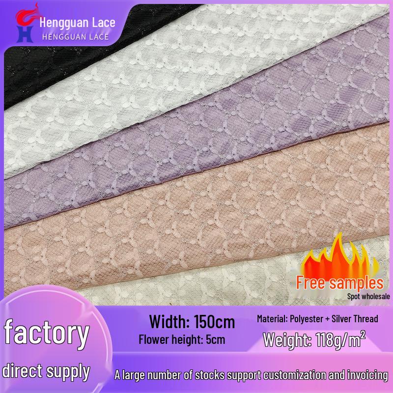 Hollow Silver Thread Three-Leaf Flower Polyester Lace Fabric for Women’s Dress, Wedding Dress, Cheongsam, and Formal Wear