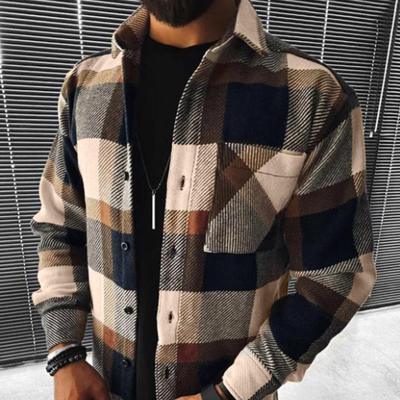 Men's Casual Plaid Long Sleeve Shirt, Loose Fit Blue Gray Checkered Button-Up with Chest Pocket