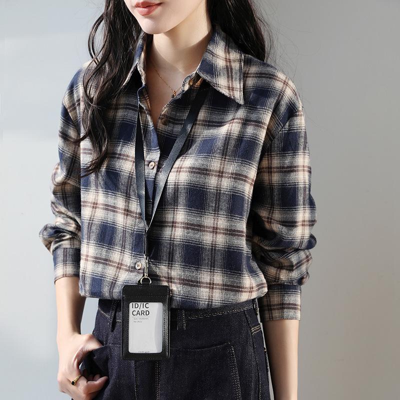 Camisa Xadrez Azul Marinho Escovado Estilo Coreano 2025 para Mulheres - Jaqueta Casual Solta de Manga Longa Outono/Inverno