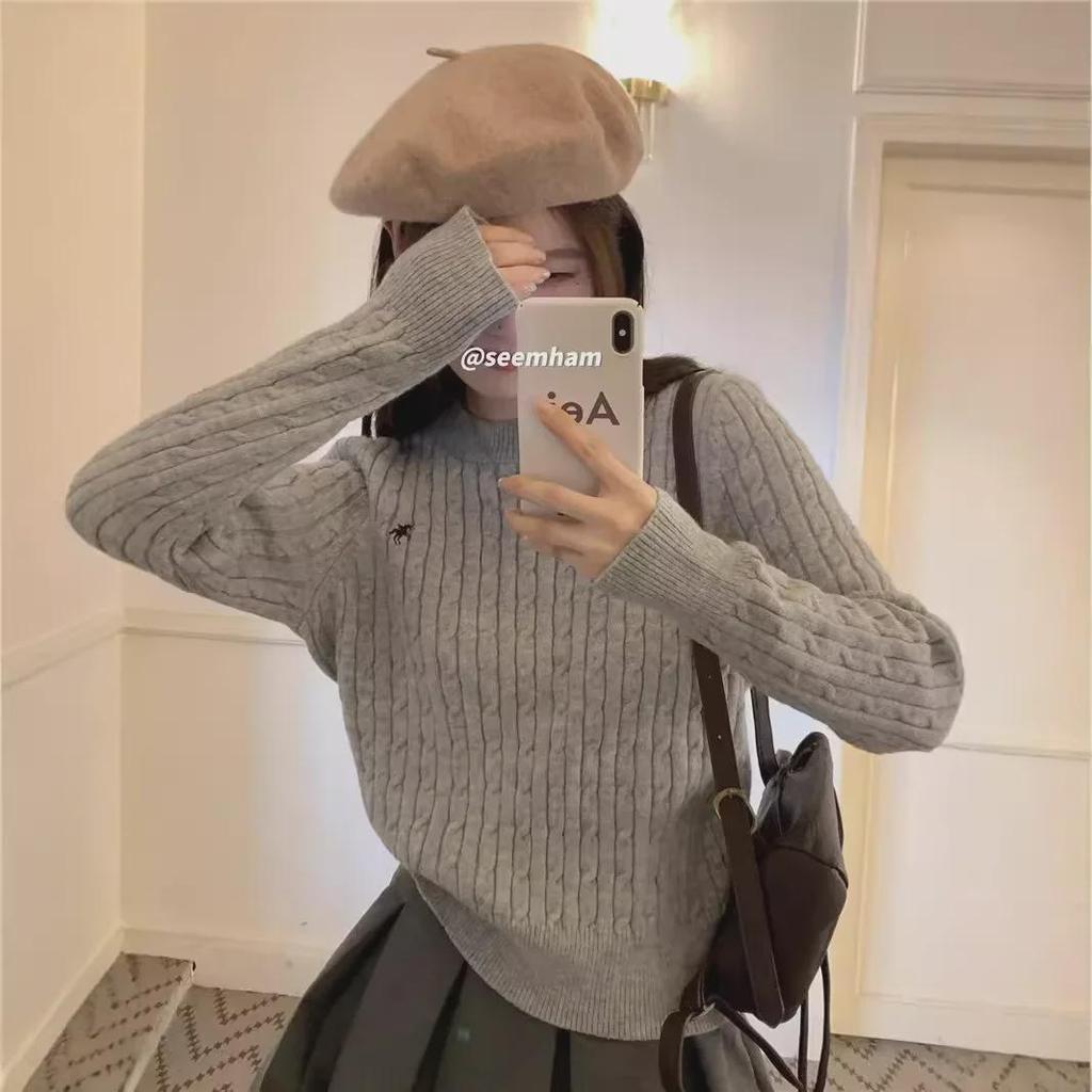 Women's Off-White College-Style Thick Embroidered Knit Sweater, Autumn/Winter Design