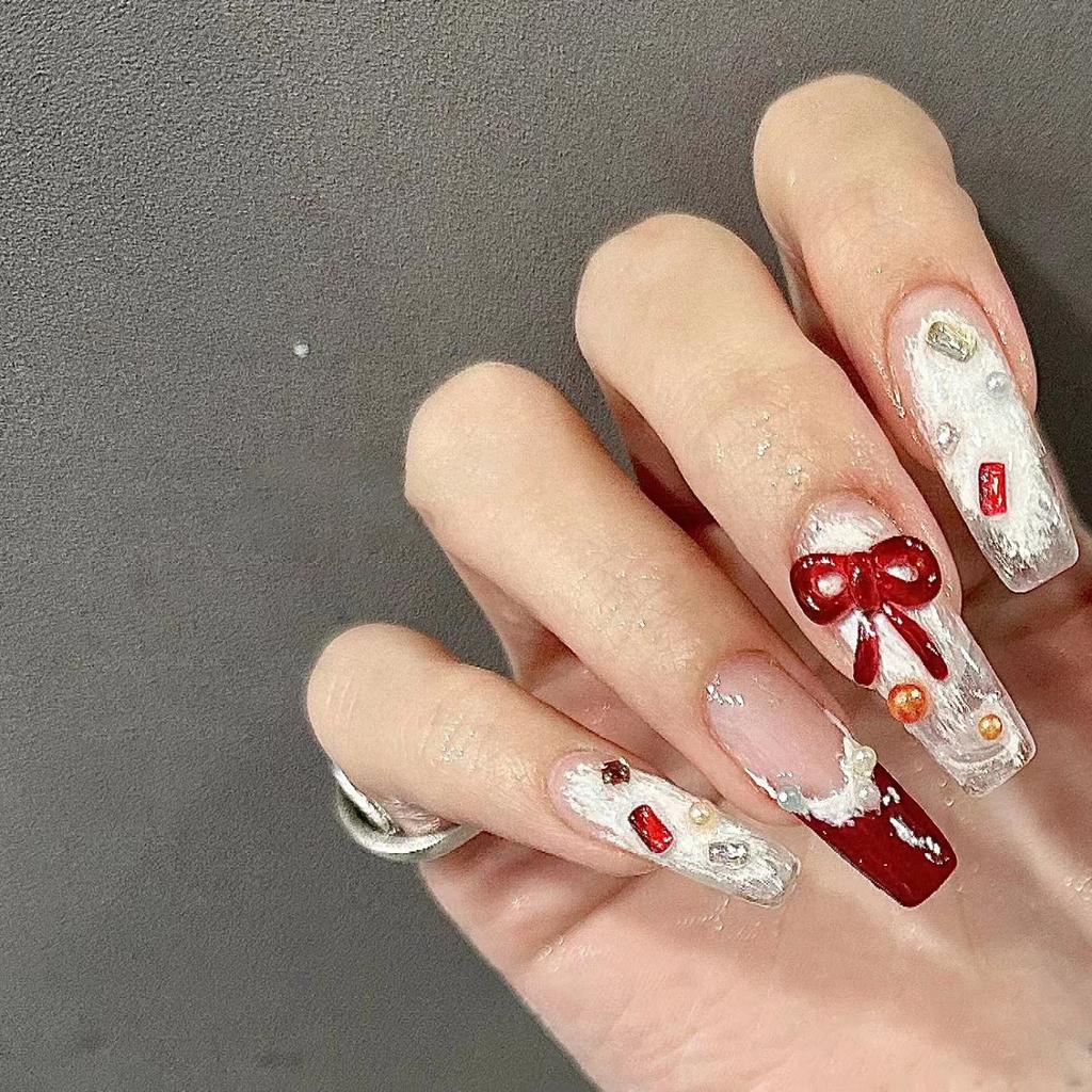 New Year's Manicure Pure Hand-wearing Nail Pieces Handmade Hand-painted Gypsum French Wine Red New Year's Manicure Bow