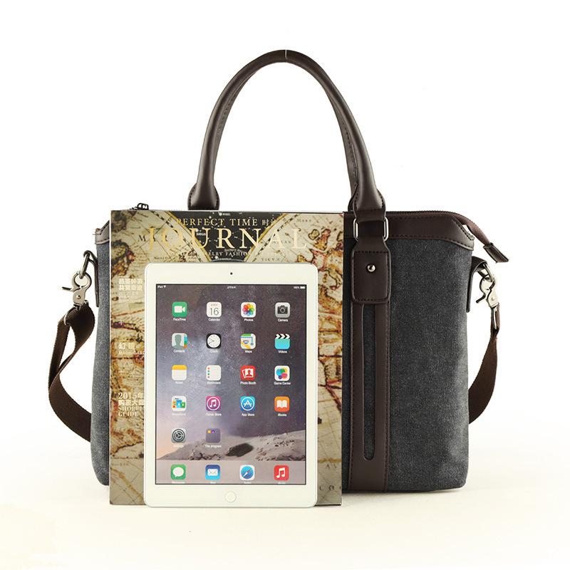 Men's Classic Canvas Business Briefcase: Horizontal Shoulder Bag with Cowhide Accents for Laptop and Daily Use