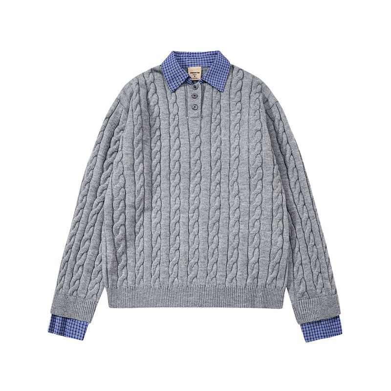 

Мужской свитер в американском ретро стиле с кабельным узором, имитирующий поло с воротником, для осени и зимы, повседневный вязаный топ в стиле cleanfit Gray 2XL