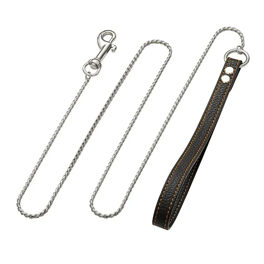 Kausicher Edelstahl Hundeleine Haustier Welpe Schlangenkette Glied Anti-Kauen Stark Anti-Biss Hundekette Leine mit Ledergriff