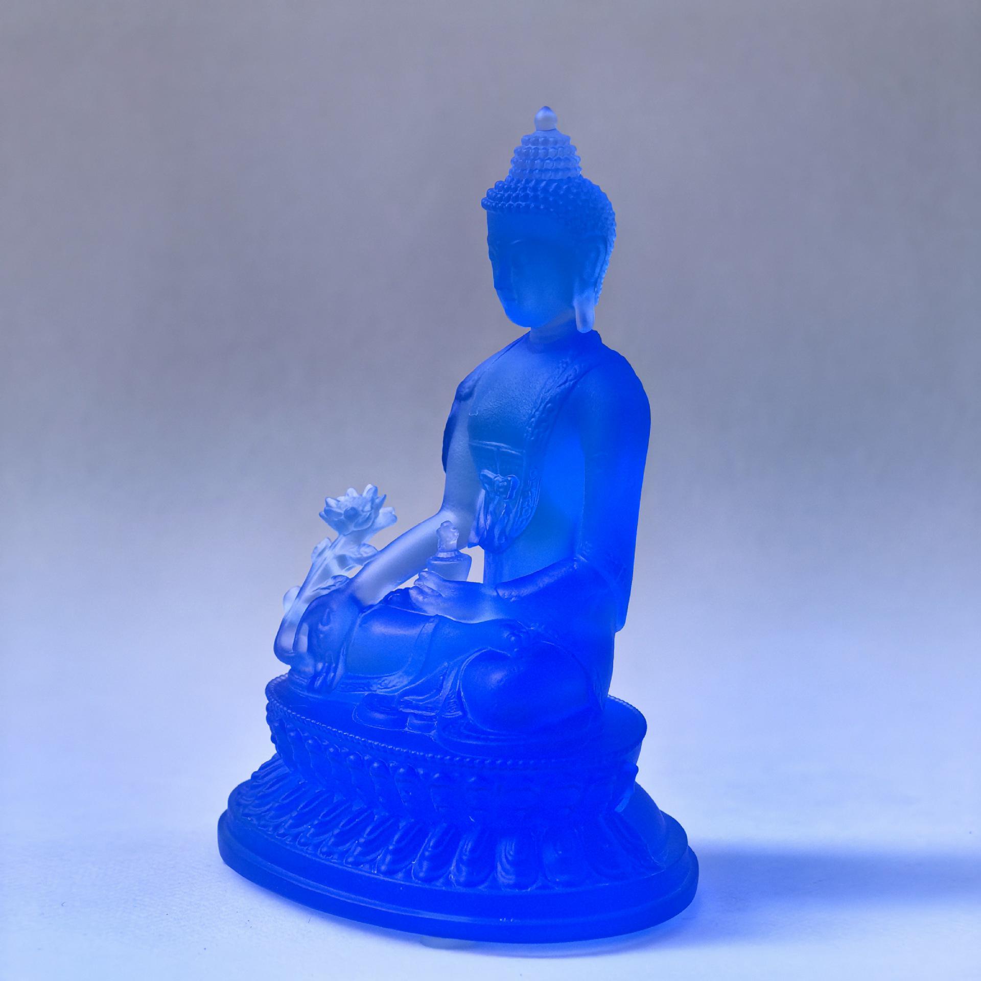 Ancient Glass Medicine Buddha with Gold Foil for Home Temple and Living Room Decor