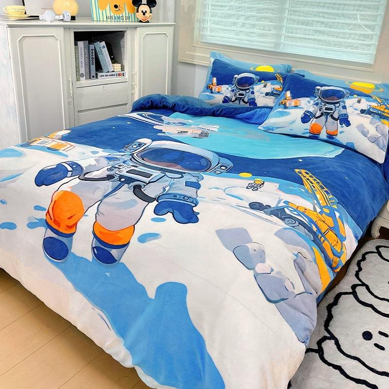 Thickened Milk Fleece Four-Piece Set, Fleece Astronaut Flange Coral Fleece Children'S Bed Sheet Quilt Cover Three-Piece Set Men