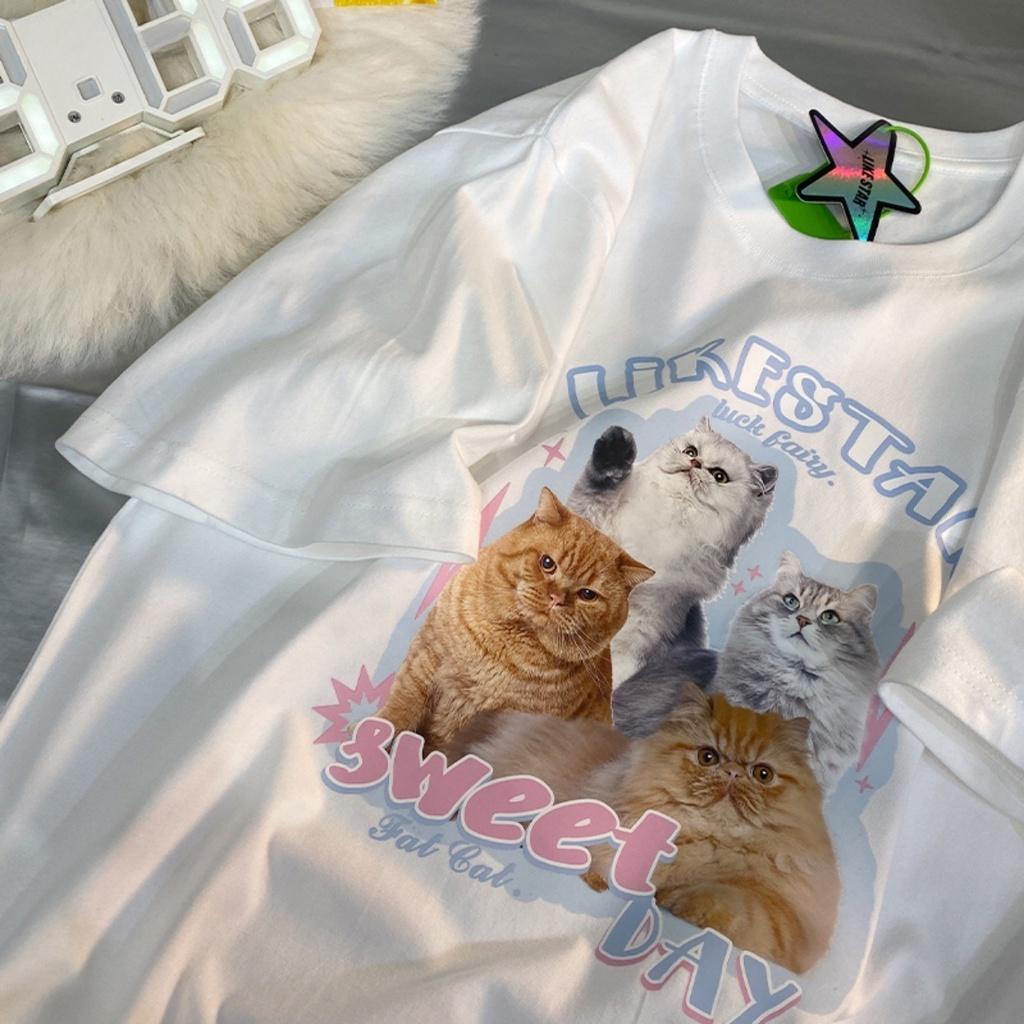 

Women Cat Super Cute Tshirt Loose Short Sleeve Sweet Plus Size Shirt Womens Clothing Korean Round Neck Multi Color Top S