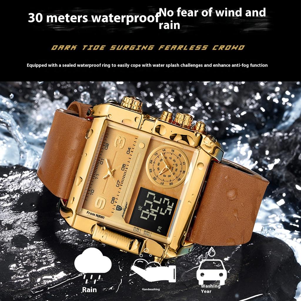 Herren Top Neu Herren Elektronische Uhr Dual Display Elektronische Quarzuhr Leder Sportuhr Quadratischer Chronograph