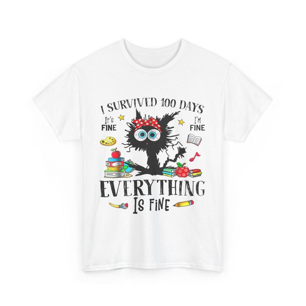 

I Survived 100 Days Of School Teacher & Kids Funny Cat T-Shirt 3XL