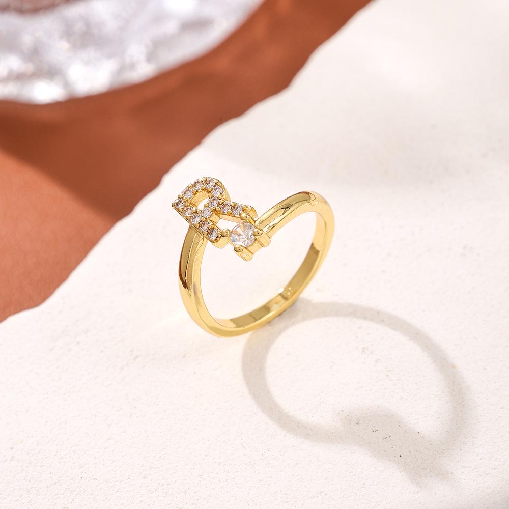 Copper Inlaid Zircon Alphabet Ring: Women's Fashionable Adjustable Open Ring