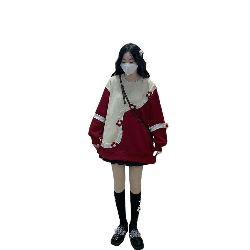Women 3D Floral Contrasting Hoodies Japanese Sweet Style Wavy Sweatshirt Autumn Loose Ladies Round Neck Pullover Tops