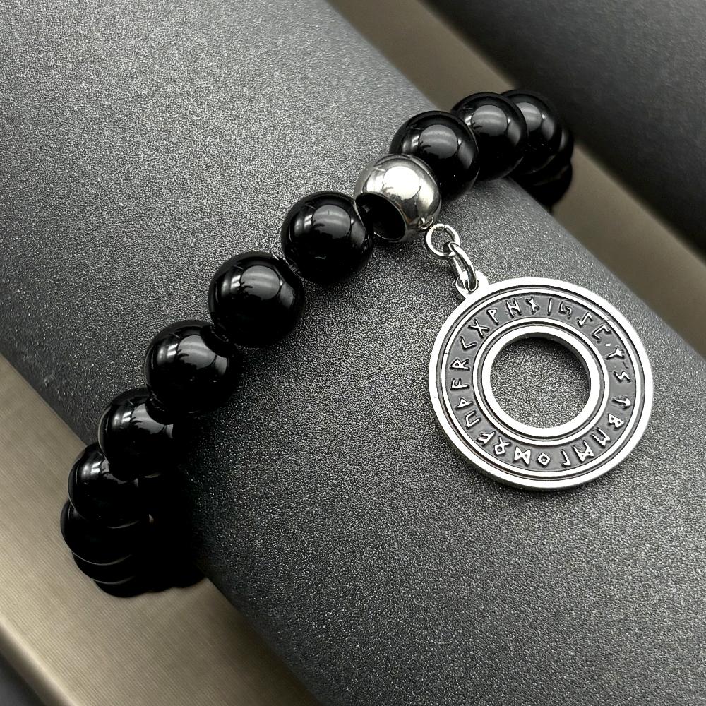 Hematite Nordic Rune Alphabet Viking Bracelet for Women Men Stainless Steel Silver Color Pagan Elder Futhark Hand Chain Jewelry